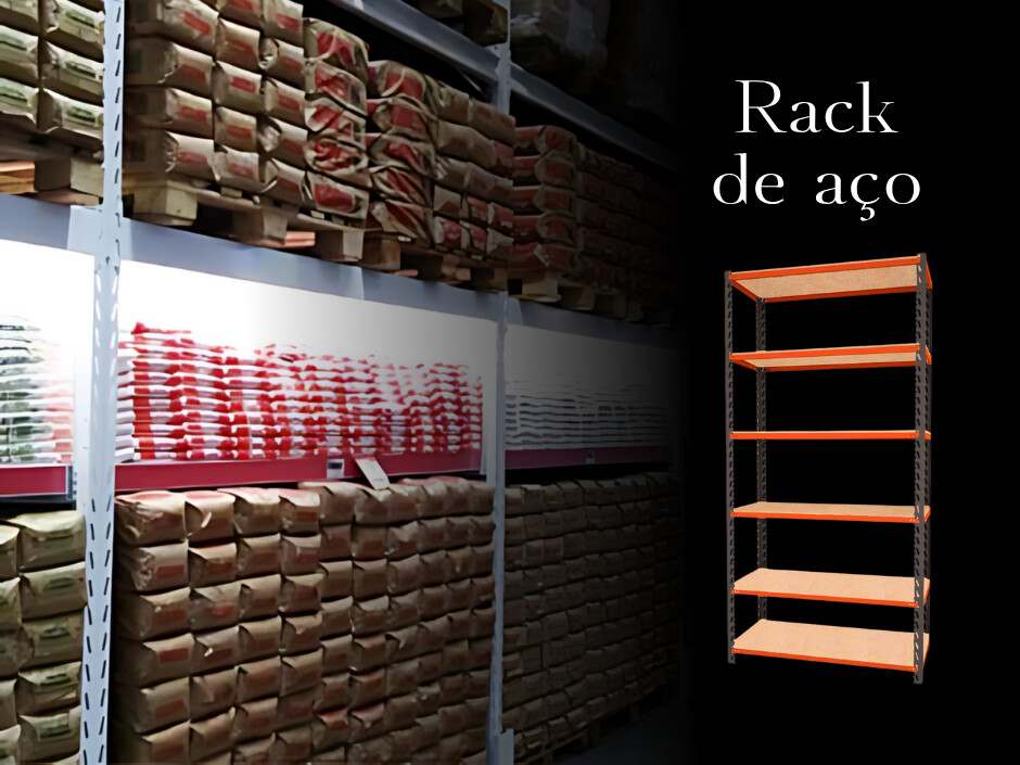 Rack de aço com prateleiras em ambiente de armazenamento