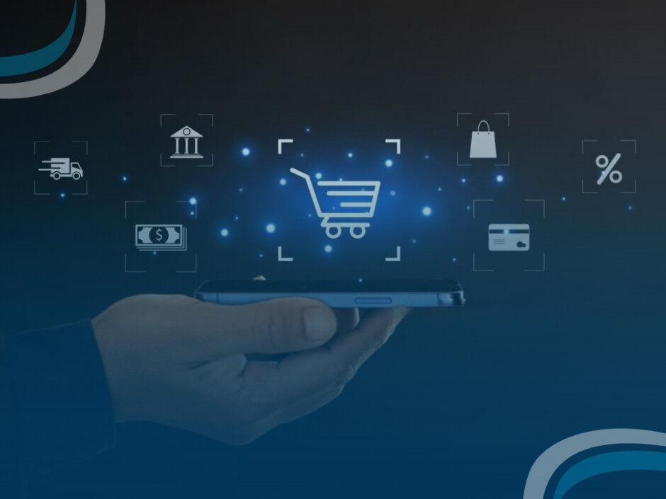 Pessoa segurando smartphone com ícones de compras digitais