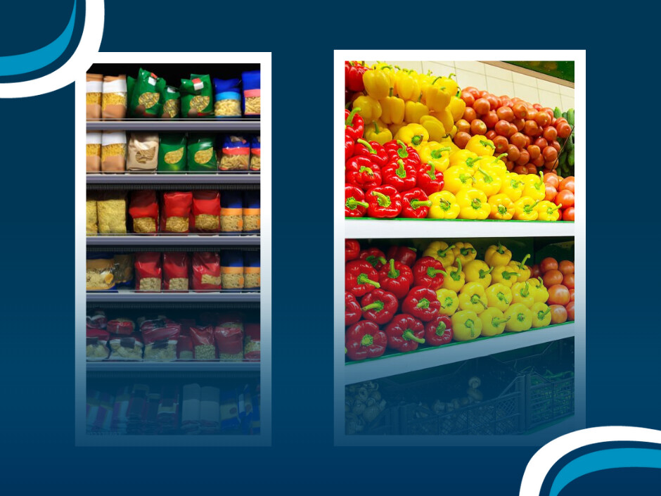Prateleira de supermercado com alimentos diversos