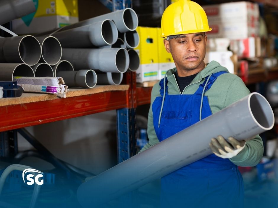 BlogSGSistemas40 Trabalhador segurando canos em um armazém