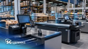 Caixas registradoras em supermercado moderno