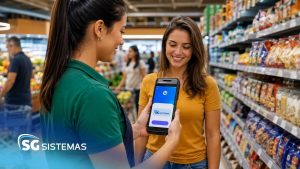 Cliente usa smartphone para pagar no supermercado.