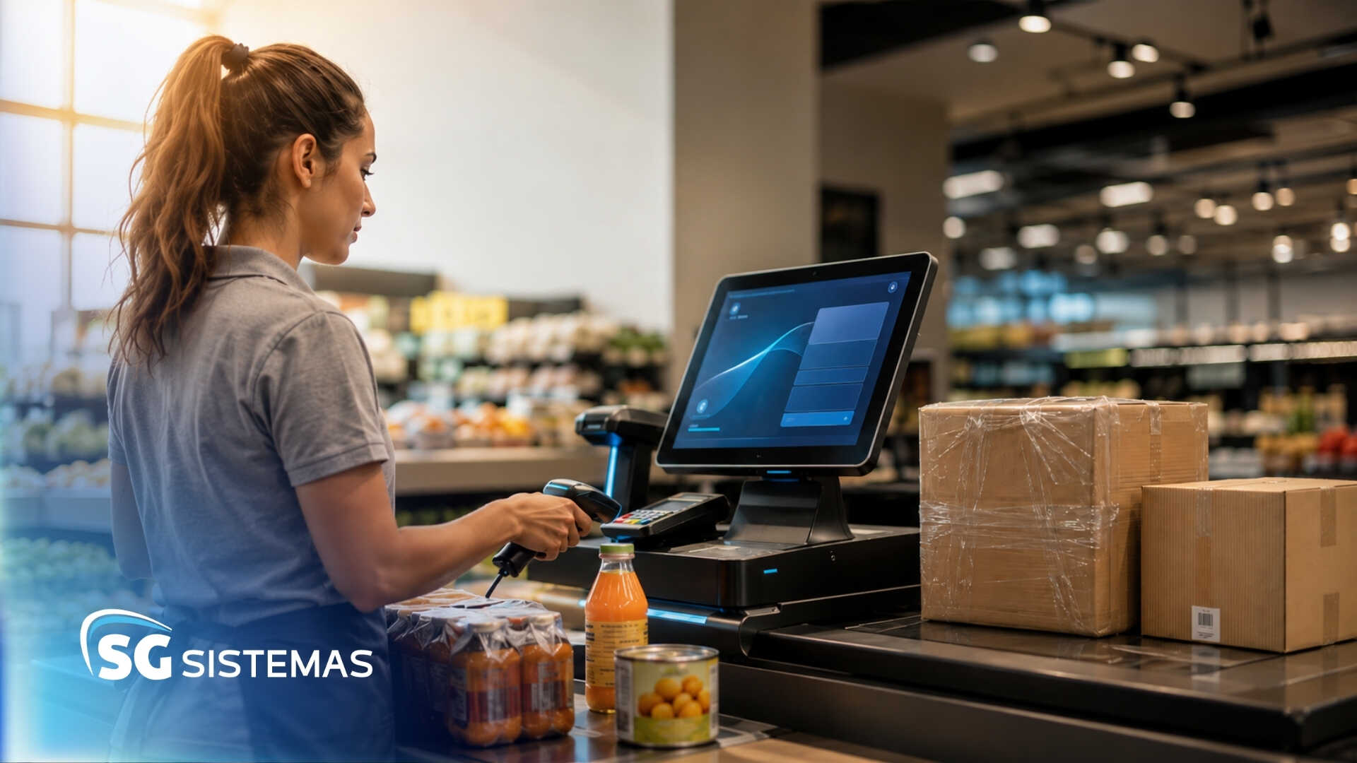 Funcionária operando caixa em supermercado moderno
