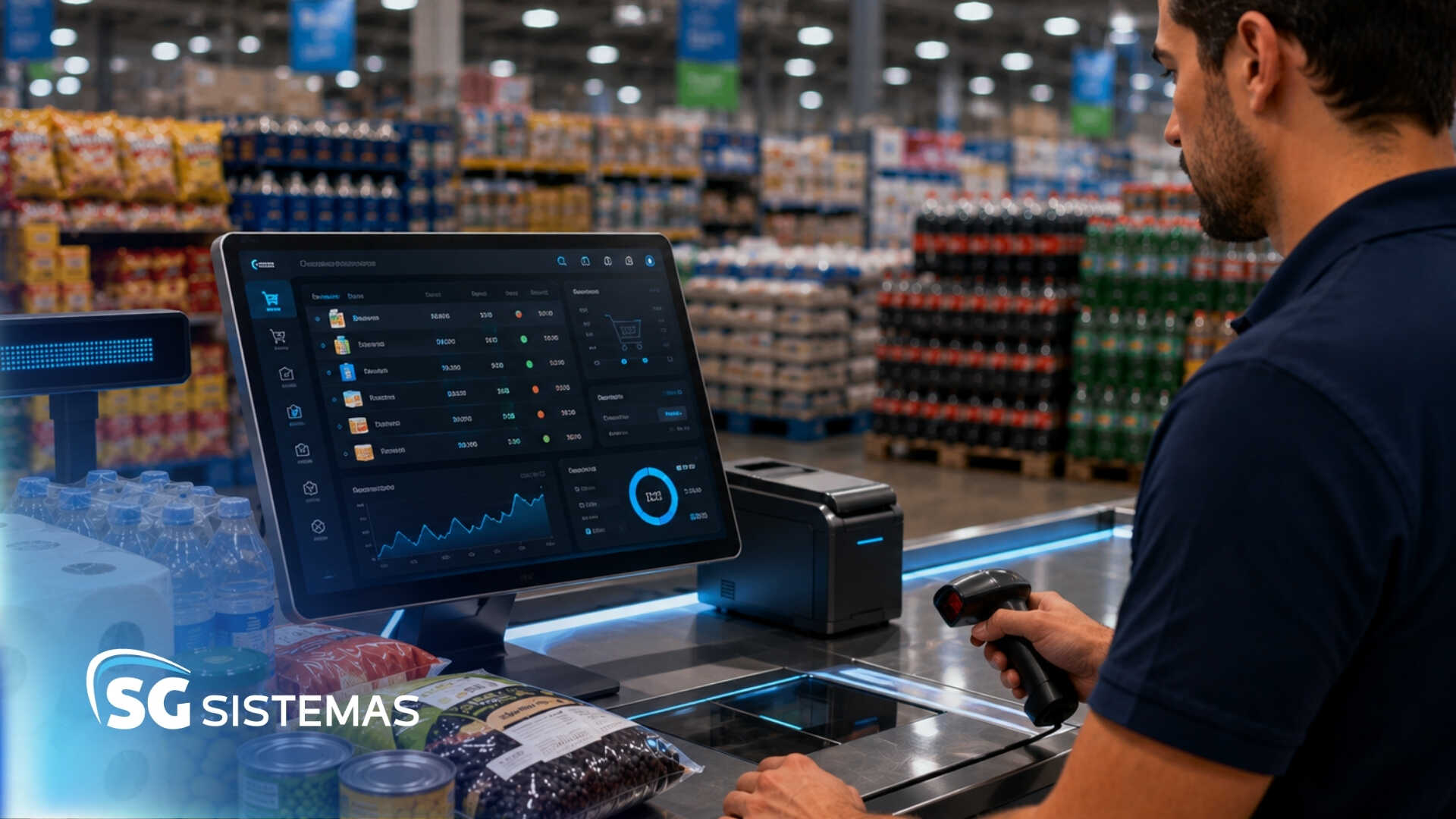 Pessoa utilizando sistema de checkout em supermercado