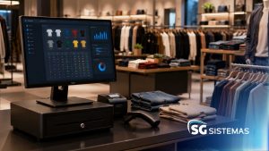 Tela de monitor em loja de roupas com gráficos de vendas.