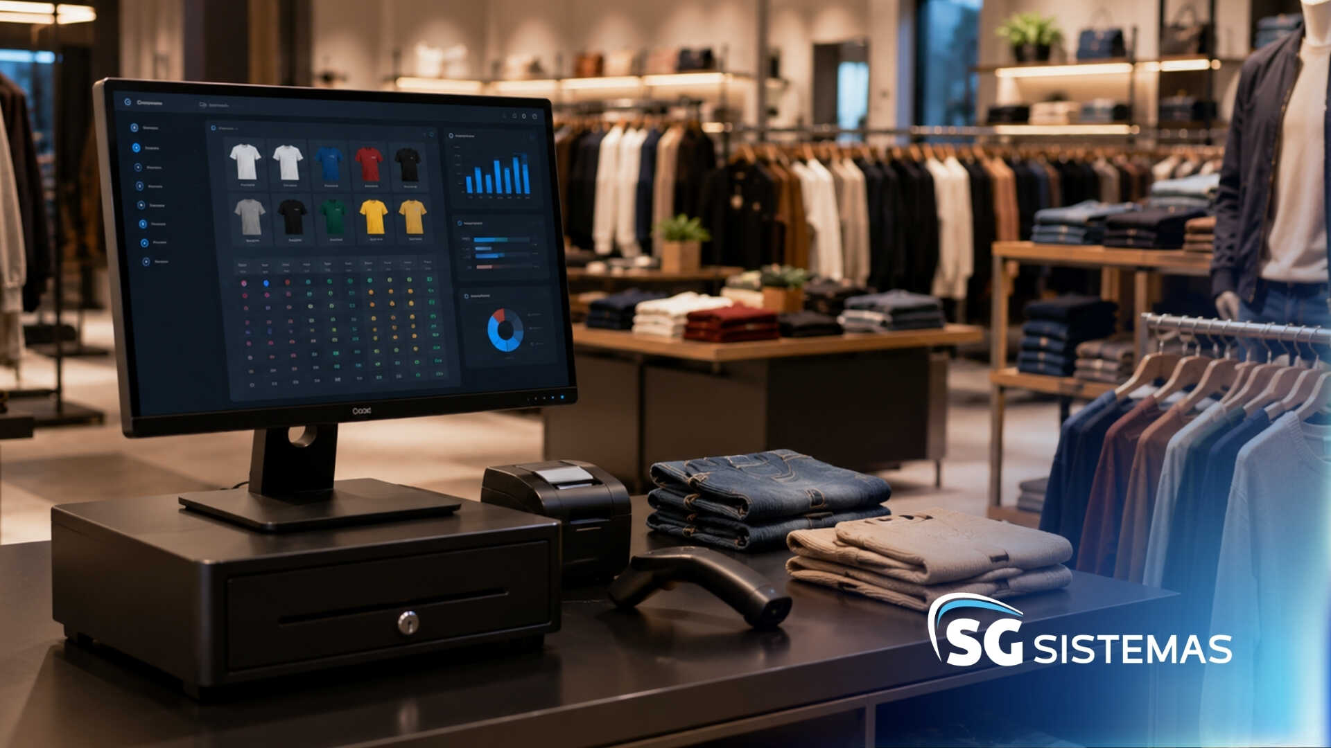 Tela de monitor em loja de roupas com gráficos de vendas.