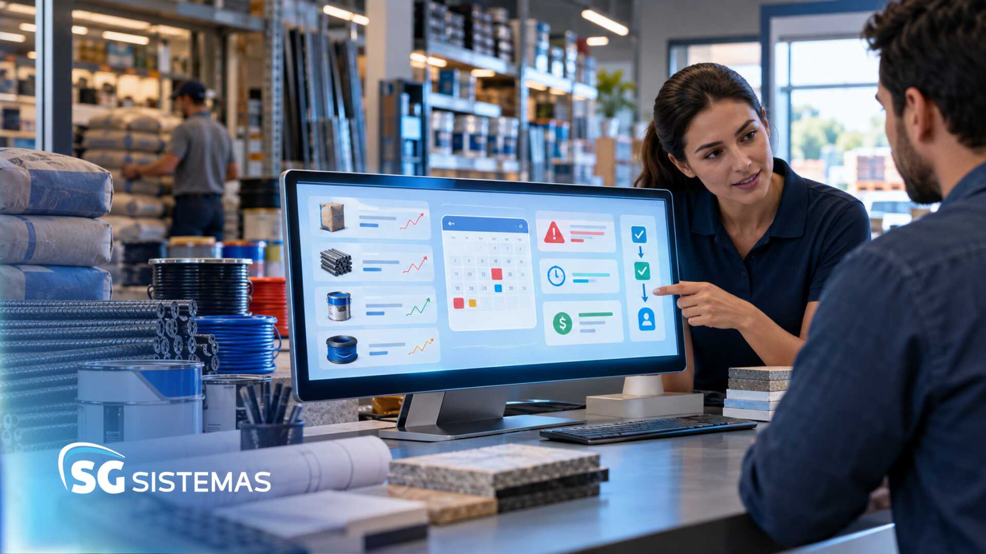 Profissional apresenta sistema de gestão em computador.