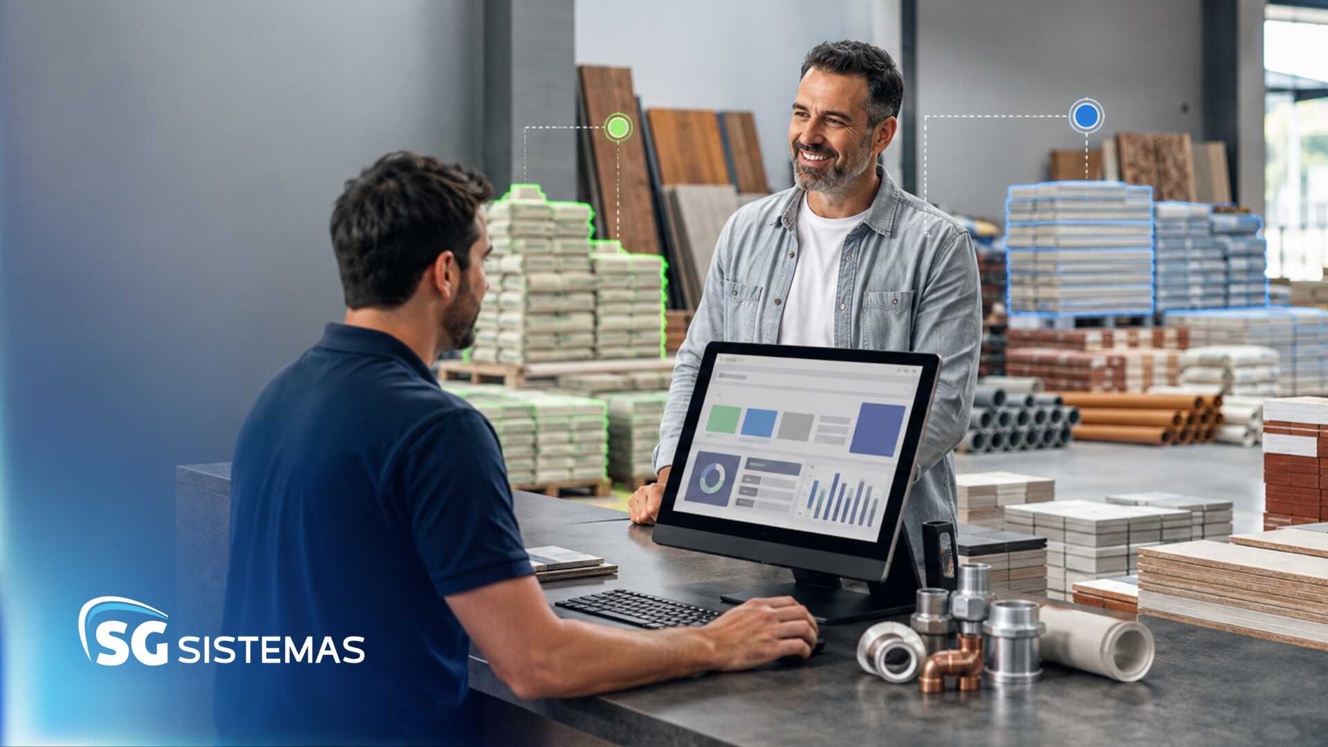 Atendente ajudando cliente em loja de materiais