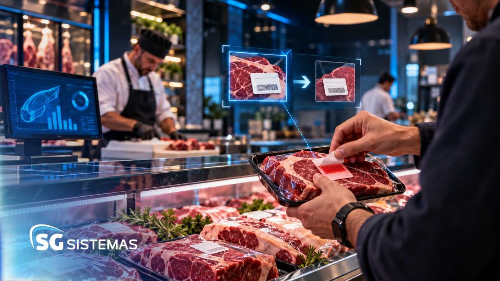 Pessoa digitalizando etiqueta de carne em açougue moderno