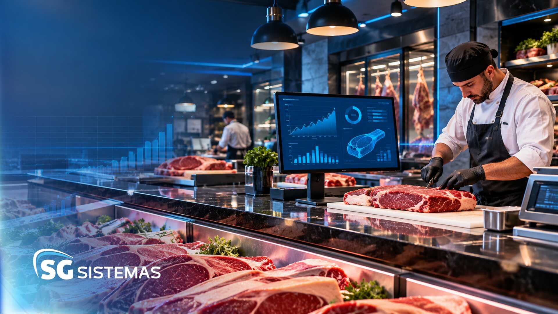 Cozinheiro especializado em carnes em açougue moderno.