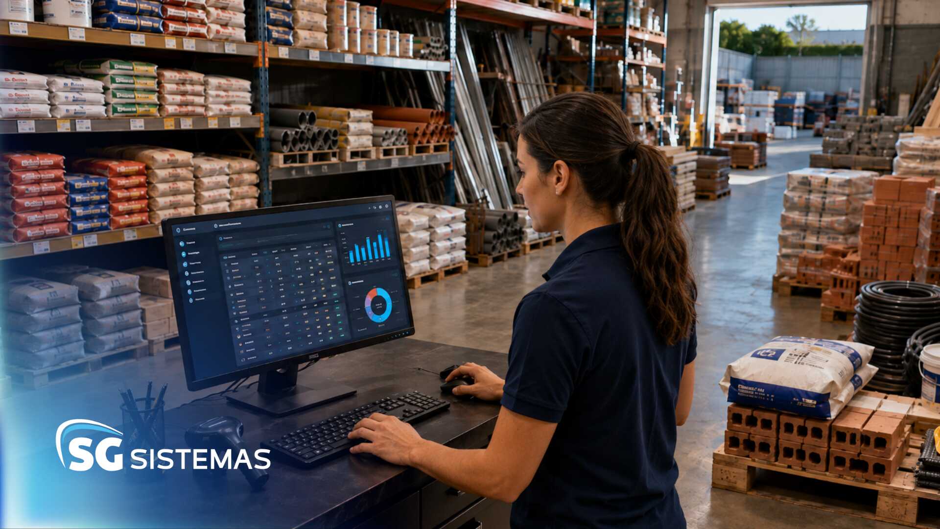 Funcionária analisando dados em computador no armazém
