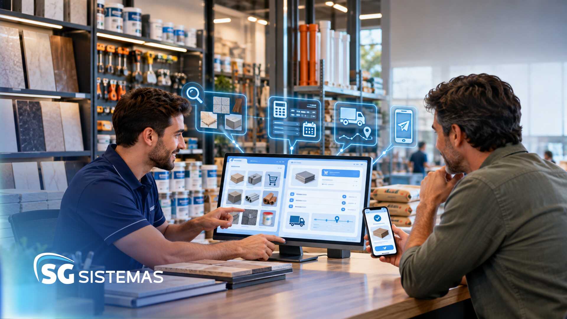 Homens discutindo soluções em tecnologia na loja