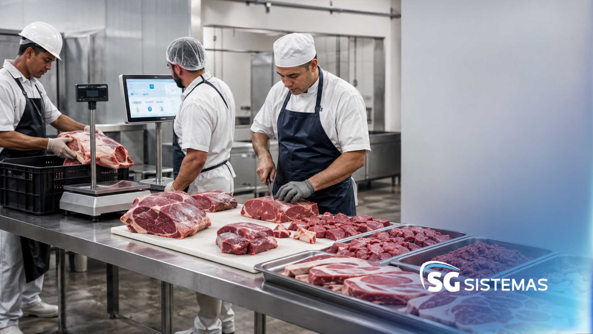 Profissionais no açougue cortando carnes frescas